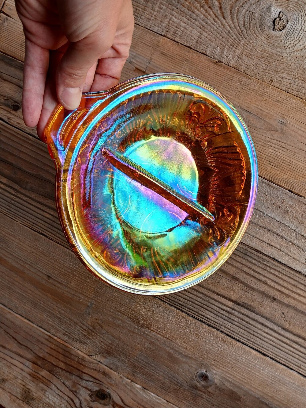 Vintage Indiana Glass Killarney Marigold Carnival Glass Divided Relish Dish